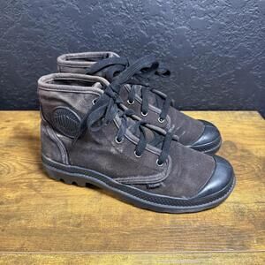 Palladium Boots Womens Size 7 Brown Canvas Ankle Combat Lace Up Trail Sole